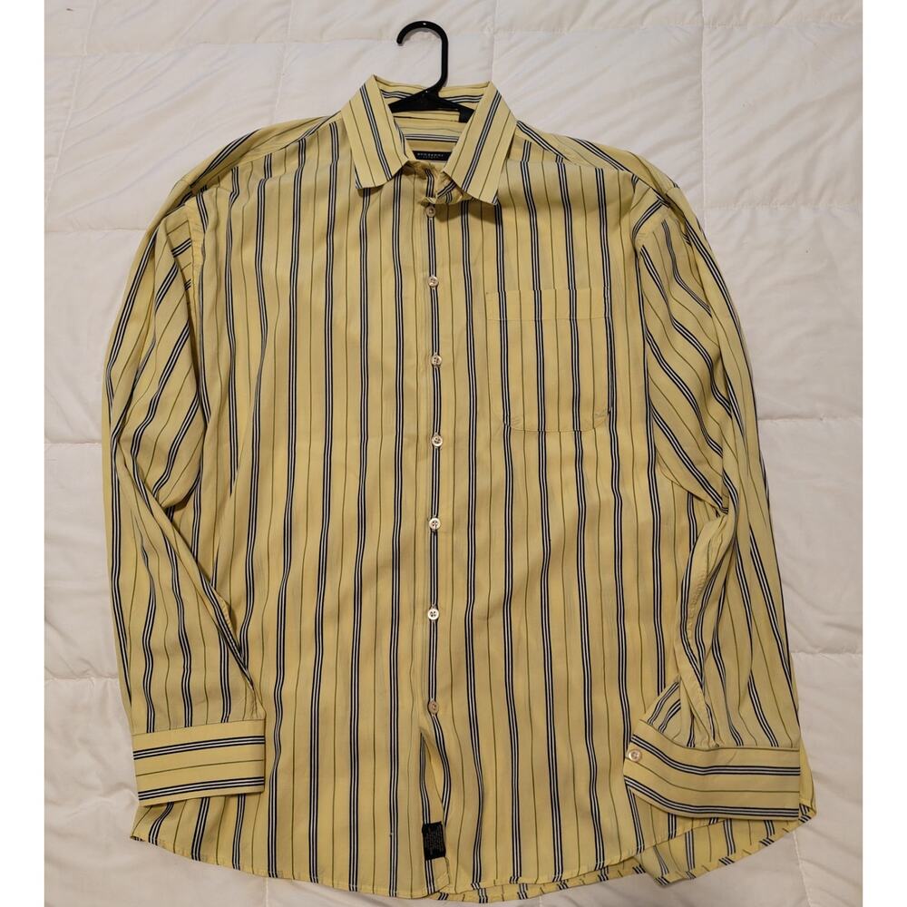 Burberry London Men’s XL Shirt Yellow Blue Stripe Button-Up Made in USA Luxury